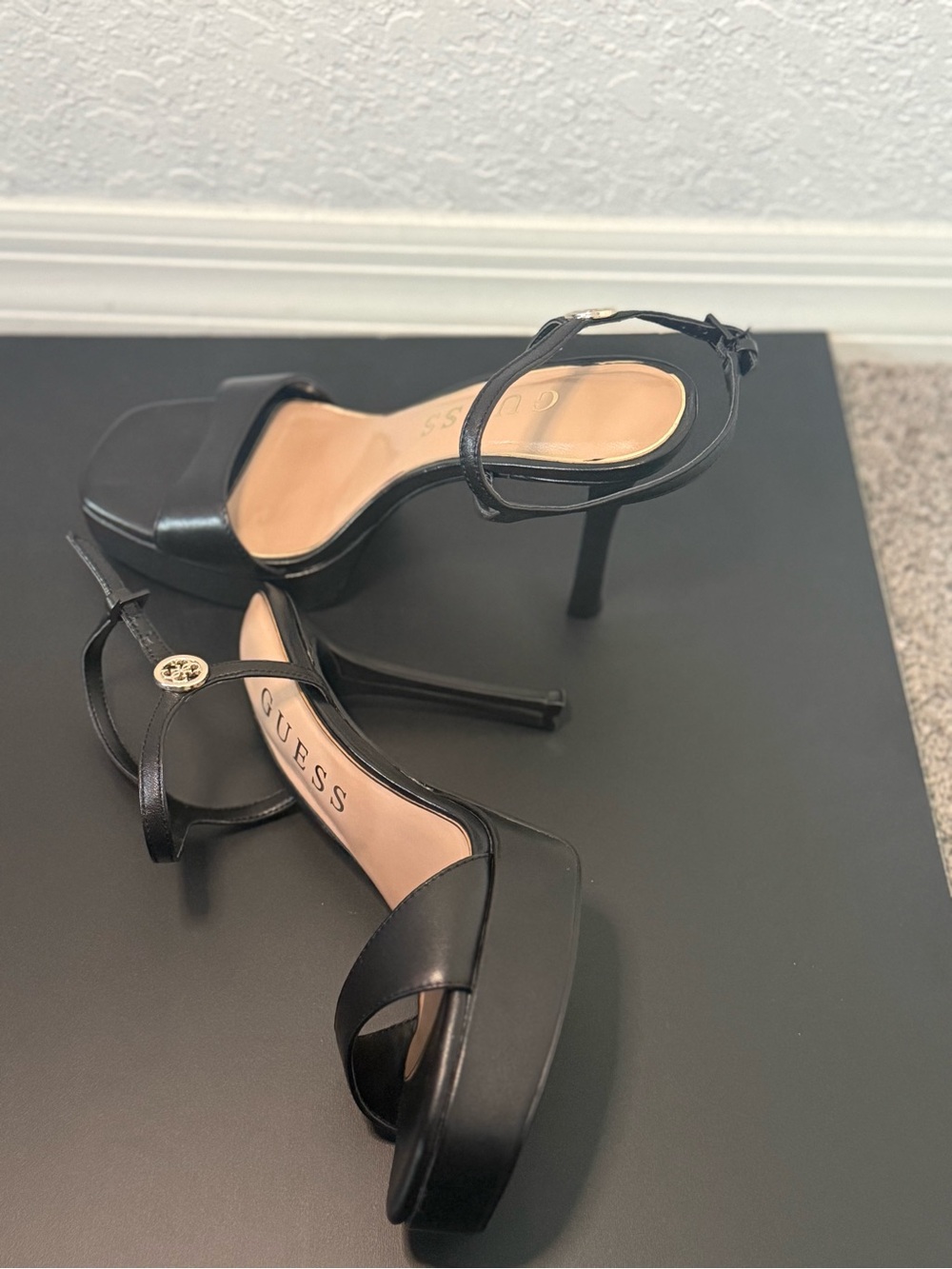 GUESS Black Platform Stiletto Sandals with Ankle Strap
